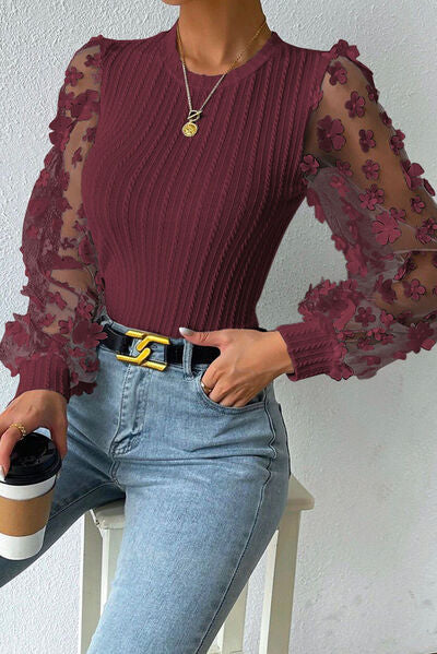 Double Take Textured Applique Long Sleeve Blouse - AllIn Computer