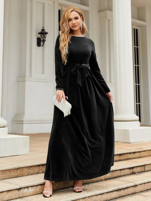 Tie Front Round Neck Long Sleeve Maxi Dress - AllIn Computer