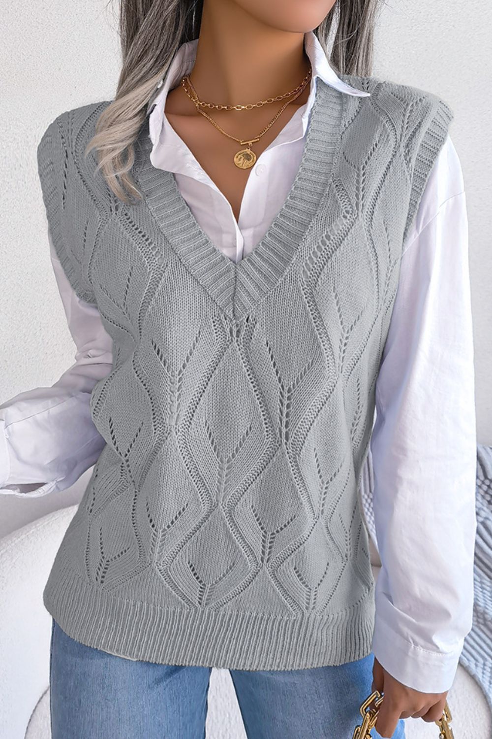 Openwork Ribbed Trim Sweater Vest - AllIn Computer