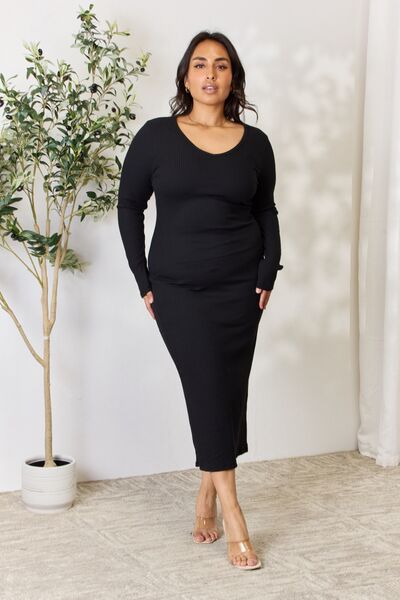 Culture Code Full Size Ribbed Long Sleeve Midi Slit Dress - AllIn Computer