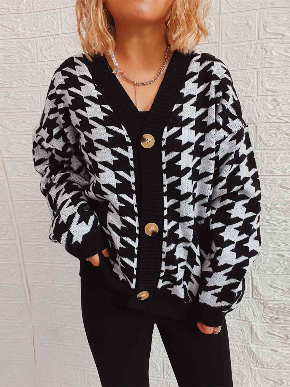 Houndstooth Botton Front  Cardigan with Pockets - AllIn Computer