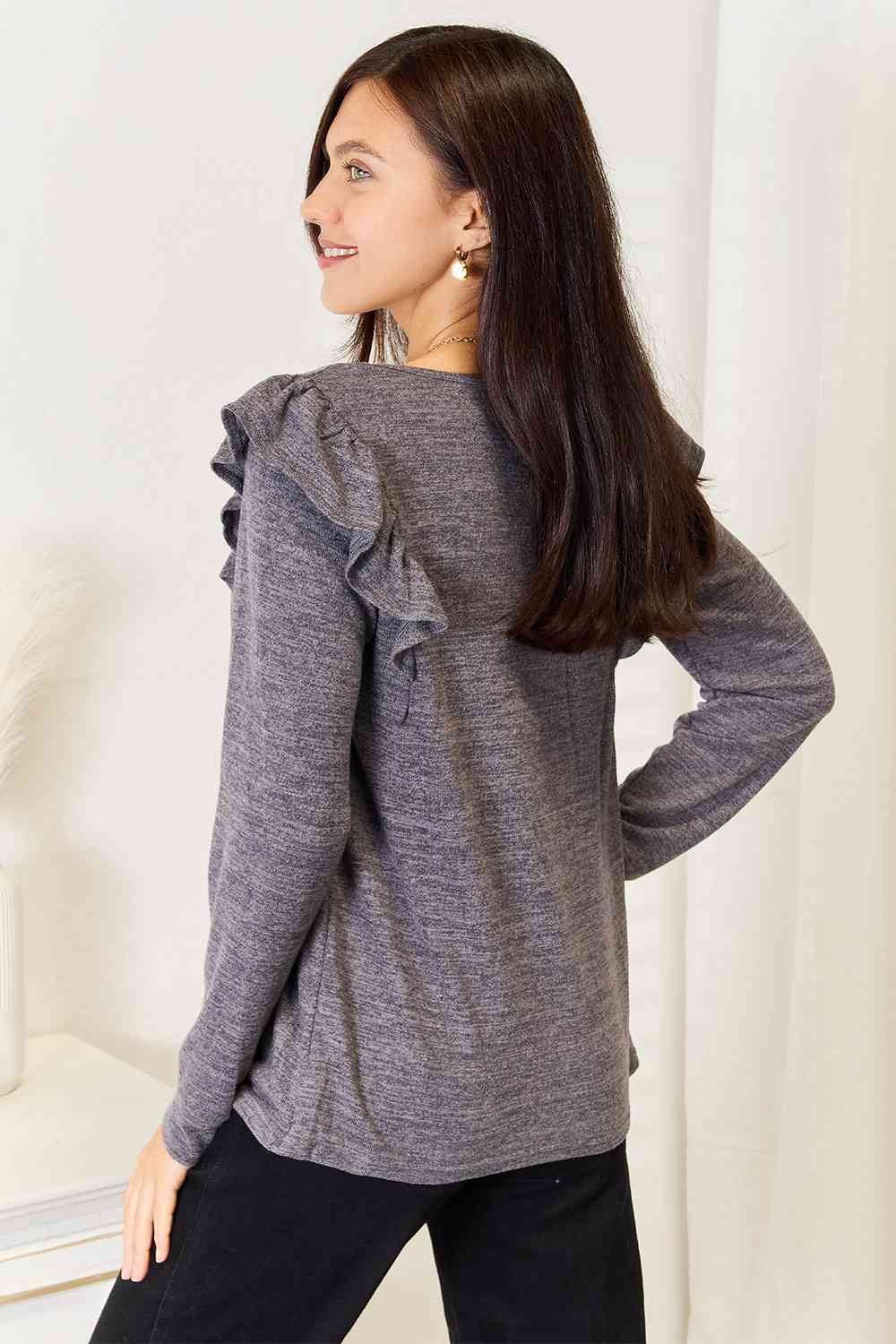 Double Take Square Neck Ruffle Shoulder Long Sleeve T-Shirt - AllIn Computer