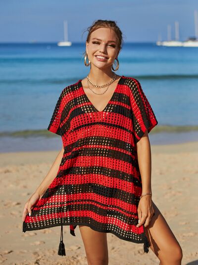 Tassel Openwork Striped V-Neck Cover Up - AllIn Computer