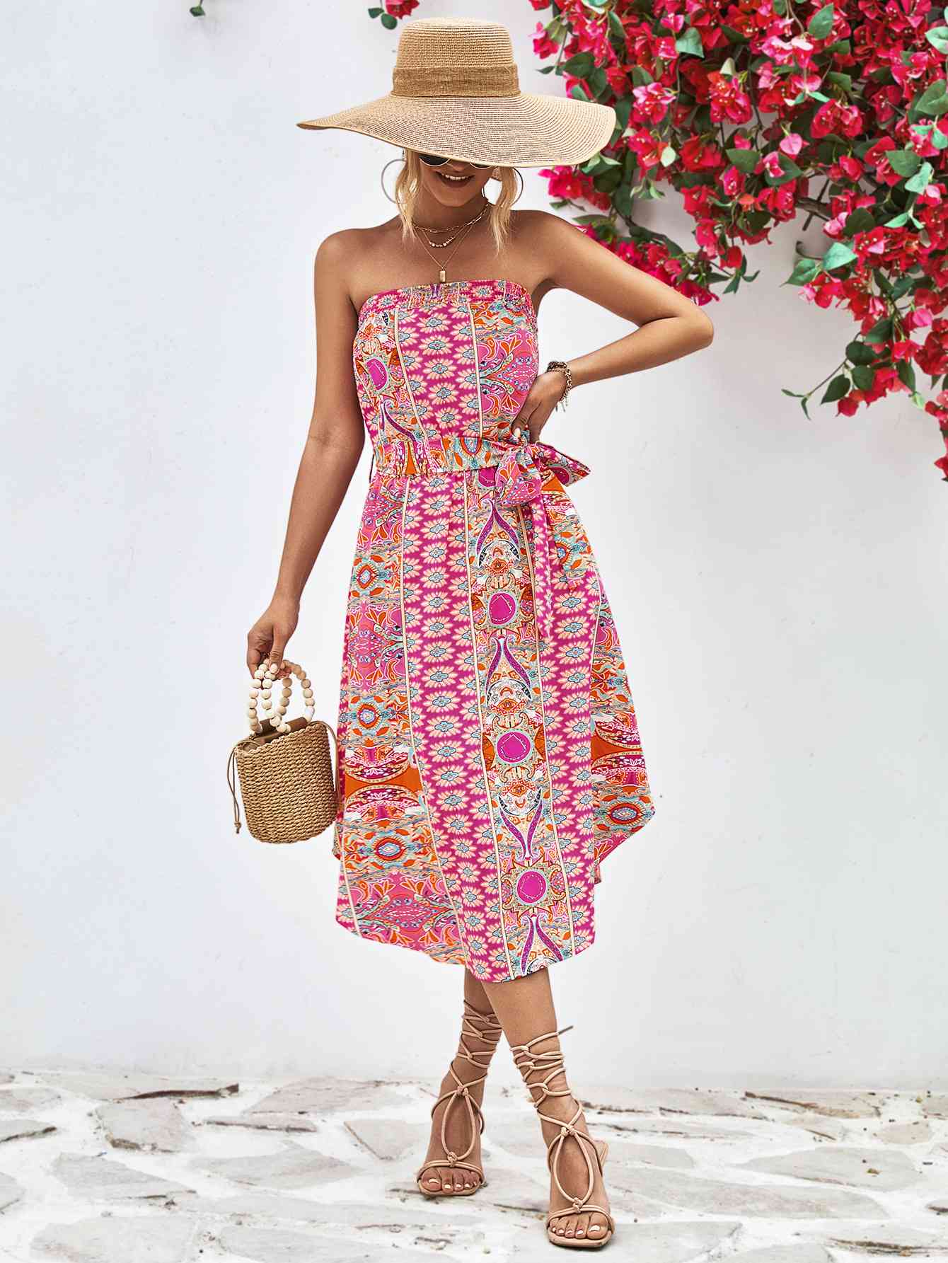 Printed Strapless Tie Belt Dress - AllIn Computer