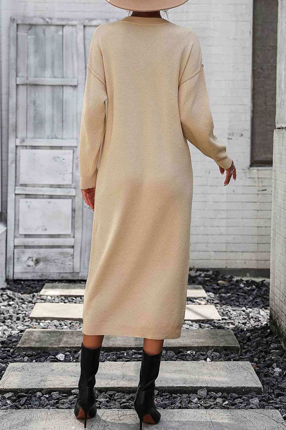 Notched Neck Dropped Shoulder Button-Down Midi Dress - AllIn Computer
