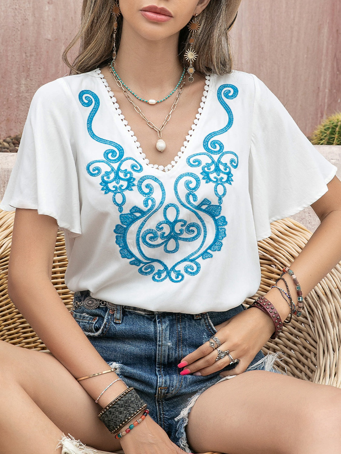 Graphic V-Neck Flutter Sleeve T-Shirt - AllIn Computer