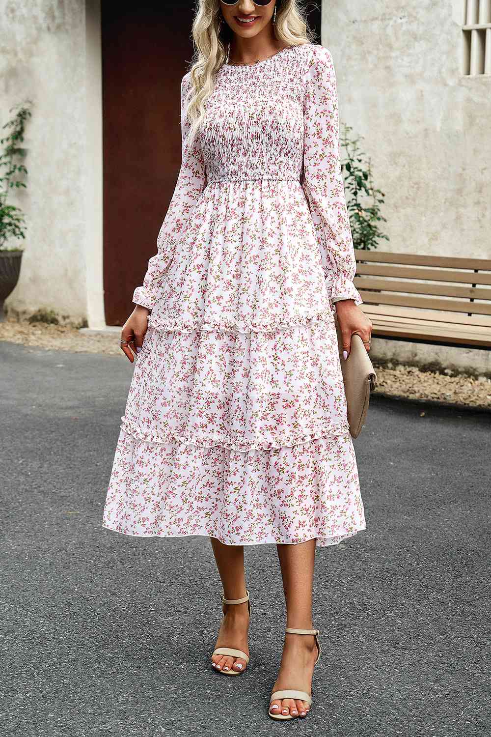Smocked Flounce Sleeve Midi Dress - AllIn Computer