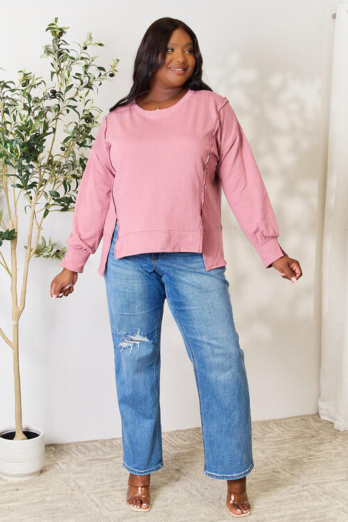 Culture Code Full Size Round Neck Exposed Seam Slit Top - AllIn Computer