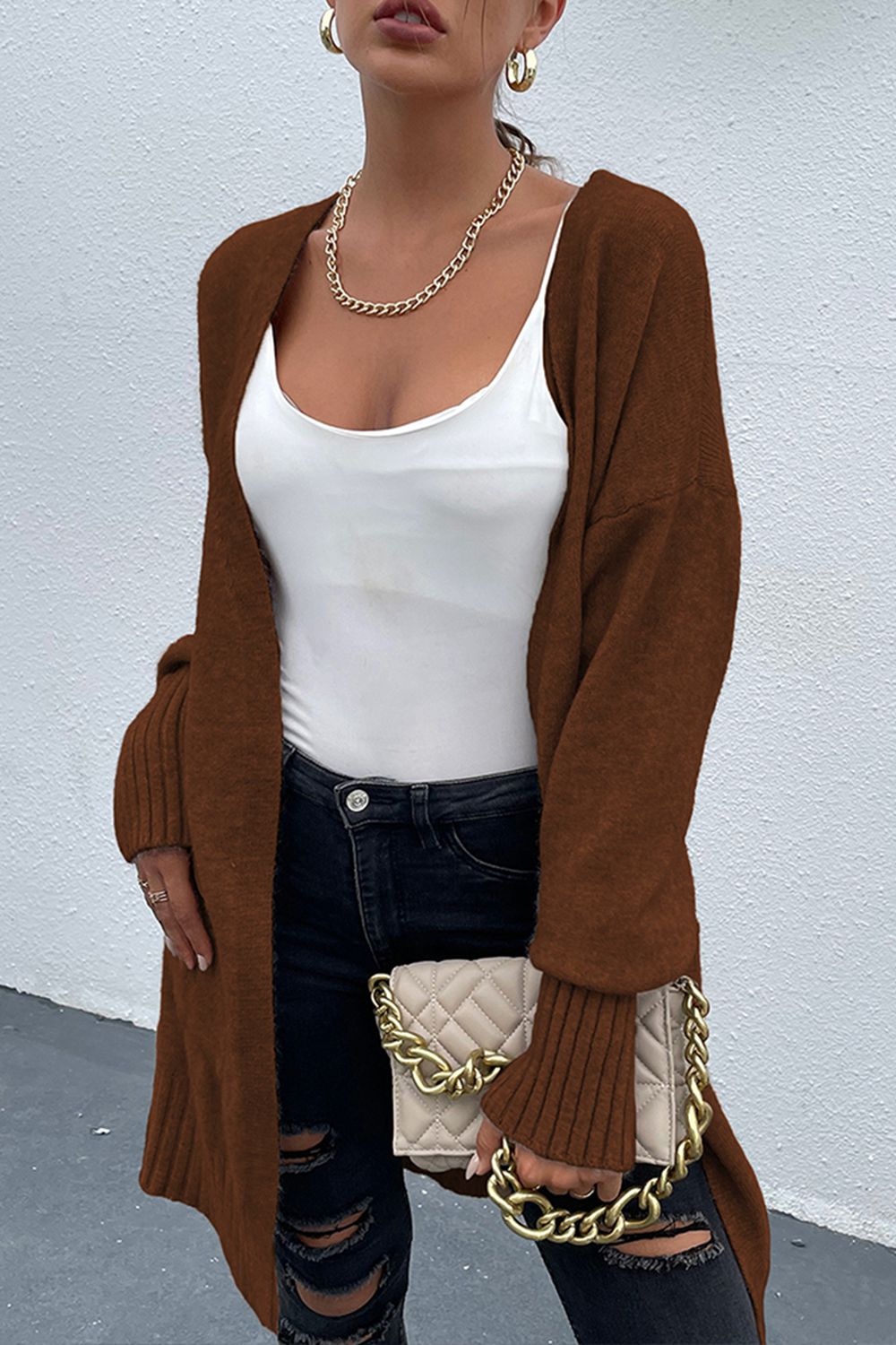 Open Front Dropped Shoulder Pocketed Cardigan - AllIn Computer