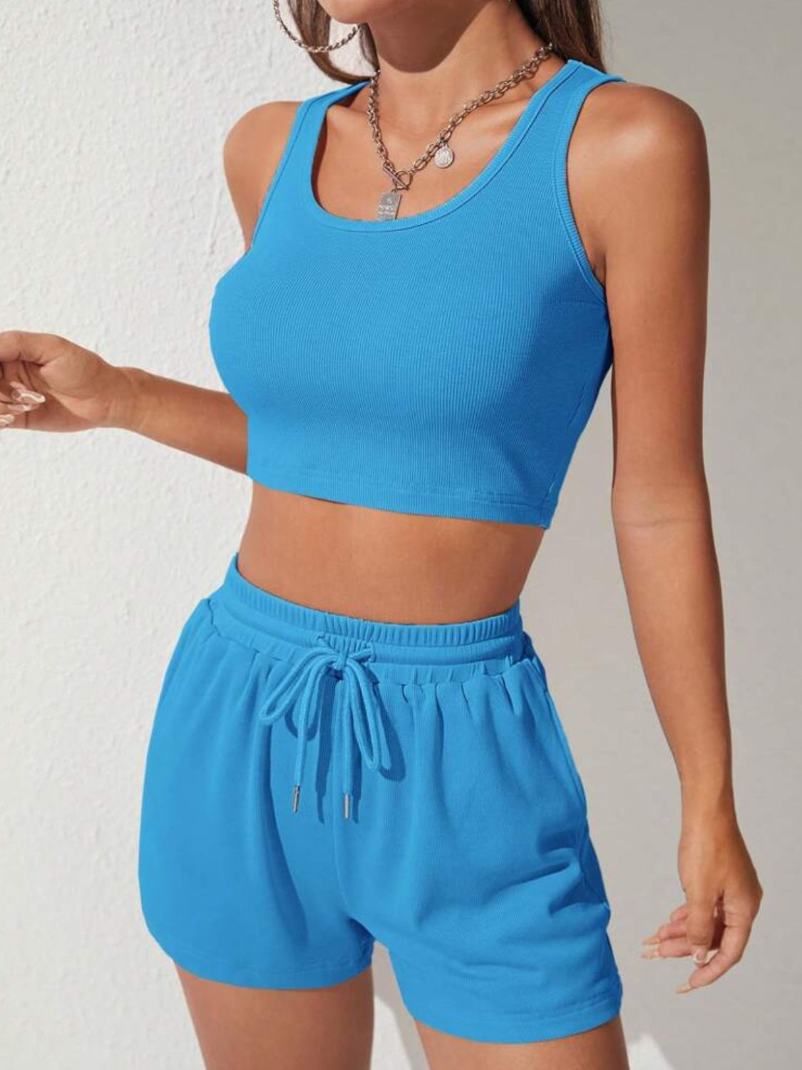 Scoop Neck Wide Strap Top and Drawstring Shorts Set - AllIn Computer