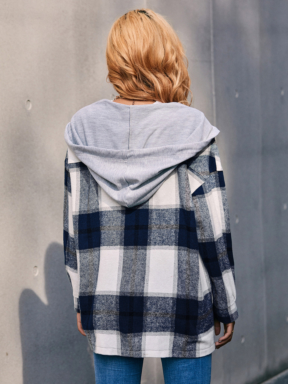Plaid Dropped Shoulder Hooded Jacket - AllIn Computer