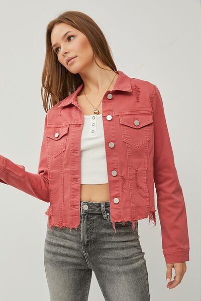 RISEN Raw Hem Button-Up Cropped Denim Jacket - AllIn Computer