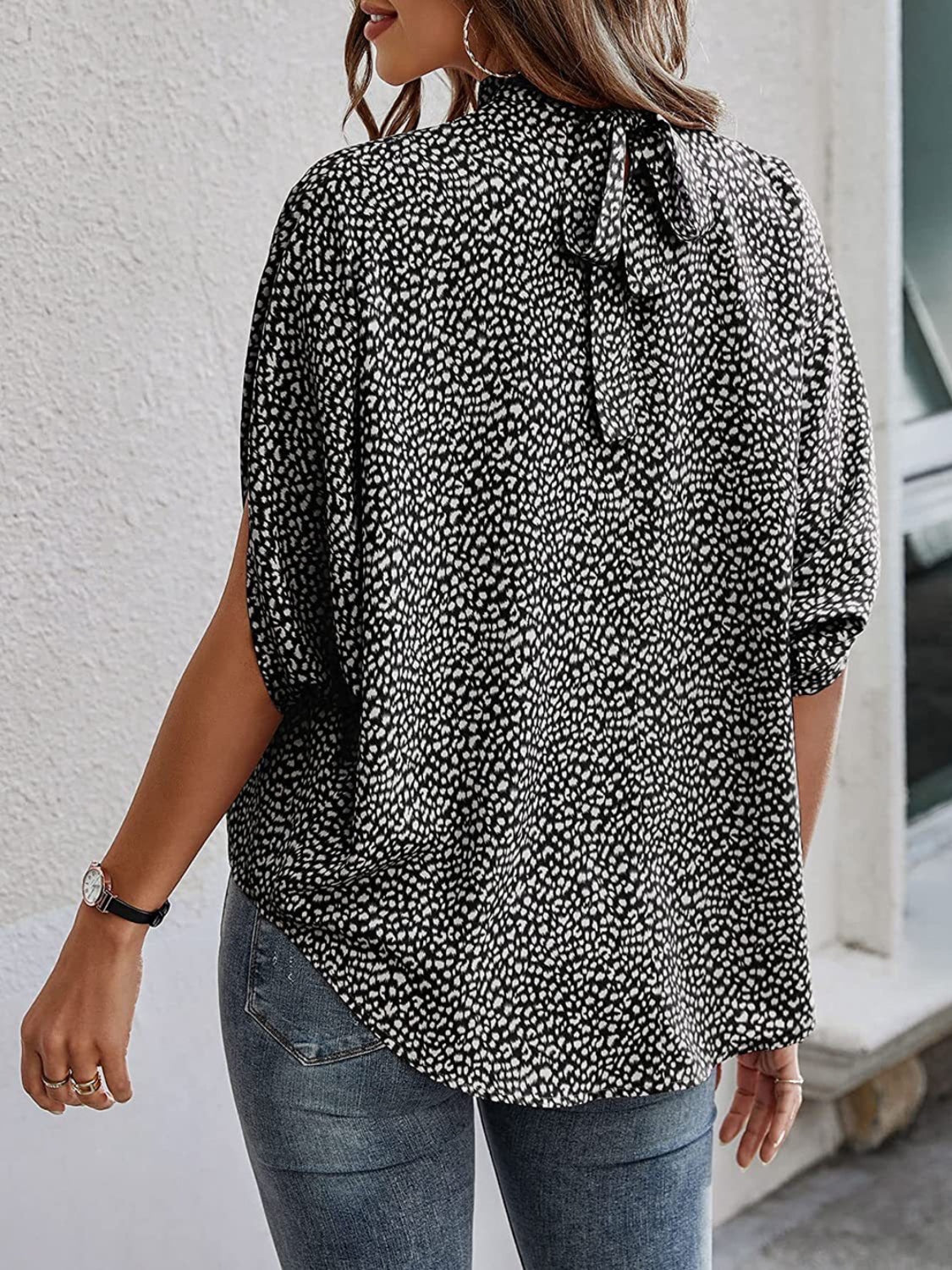 Tied Printed Mock Neck Half Sleeve Blouse - AllIn Computer