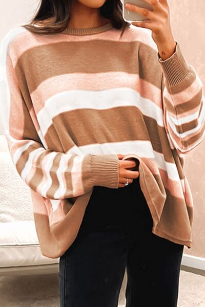 Striped Round Neck Long Sleeve Sweater - AllIn Computer