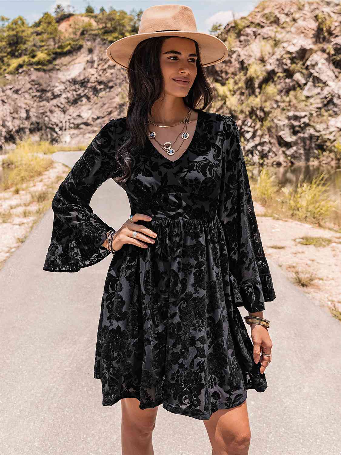 Floral V-Neck Flare Sleeve Mini Dress - AllIn Computer