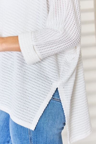Zenana Full Size Waffle Knit V-Neck Long Sleeve Slit Top - AllIn Computer