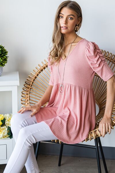 Heimish Full Size Waffle Knit V-Neck Babydoll Top - AllIn Computer