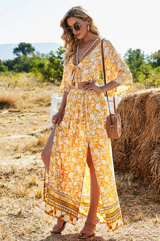 Printed Half Sleeve Top and Slit Skirt Set - AllIn Computer