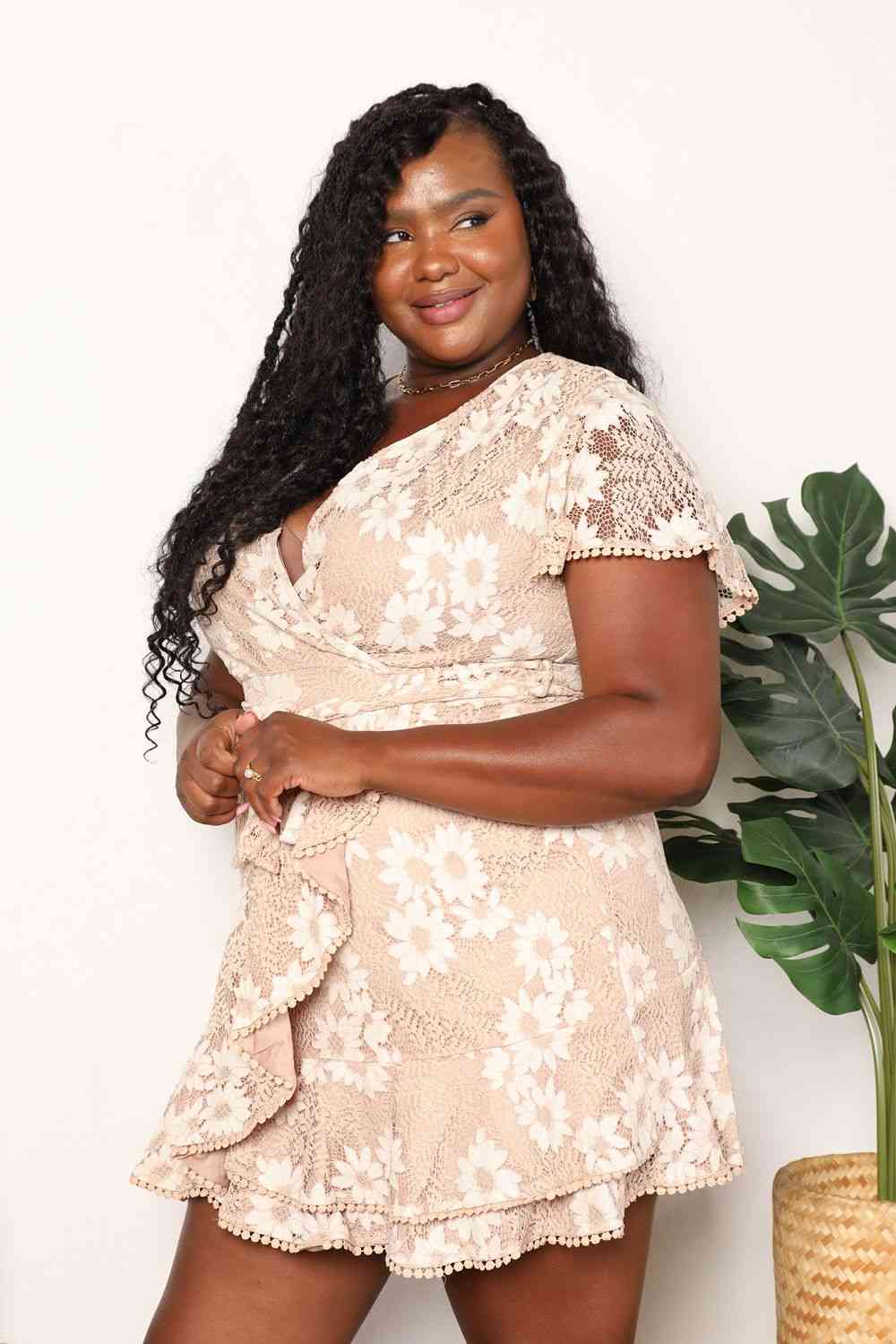 Double Take Floral Lace Pompom Detail Tie-Waist Flutter Sleeve Dress - AllIn Computer