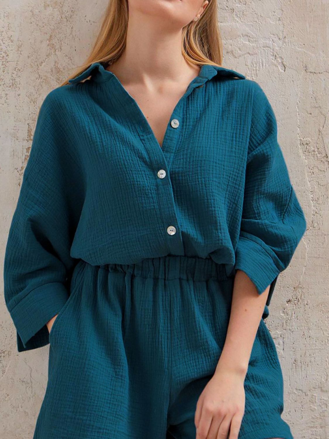 Texture Button Up Shirt and Shorts Set - AllIn Computer