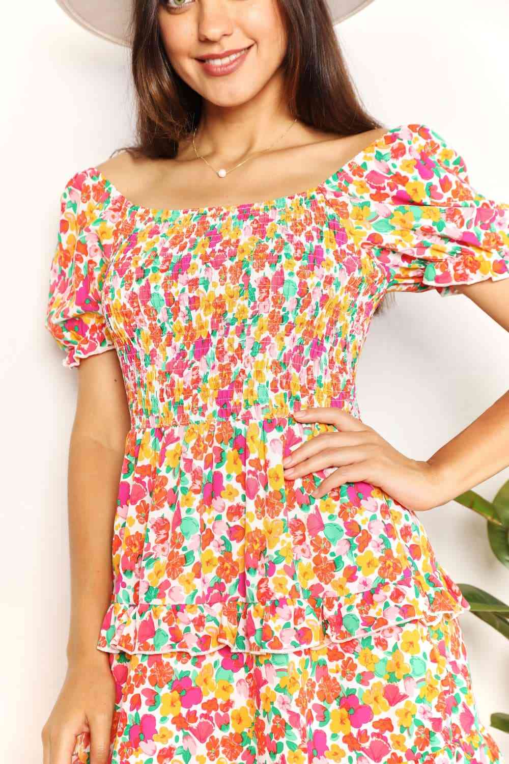 Double Take Smocked Sweetheart Neck Flounce Sleeve Mini Dress - AllIn Computer