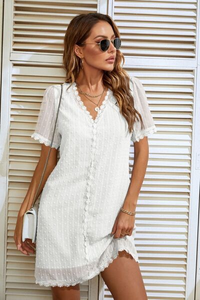 Lace Detail V-Neck Short Sleeve Dress - AllIn Computer