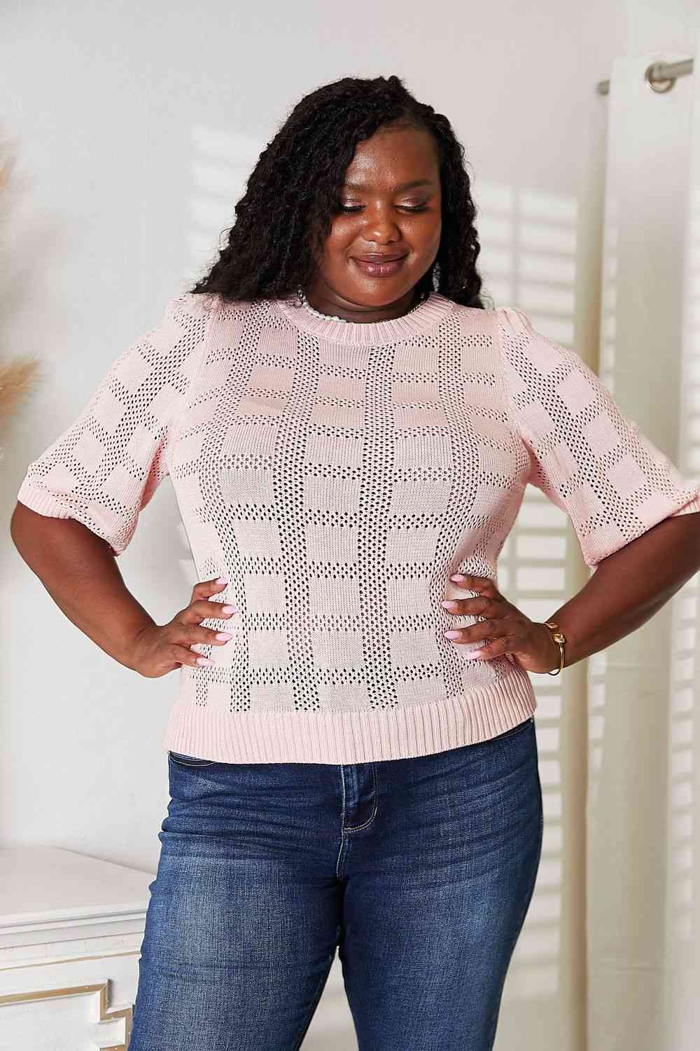 Double Take Ribbed Trim Round Neck Knit Top - AllIn Computer