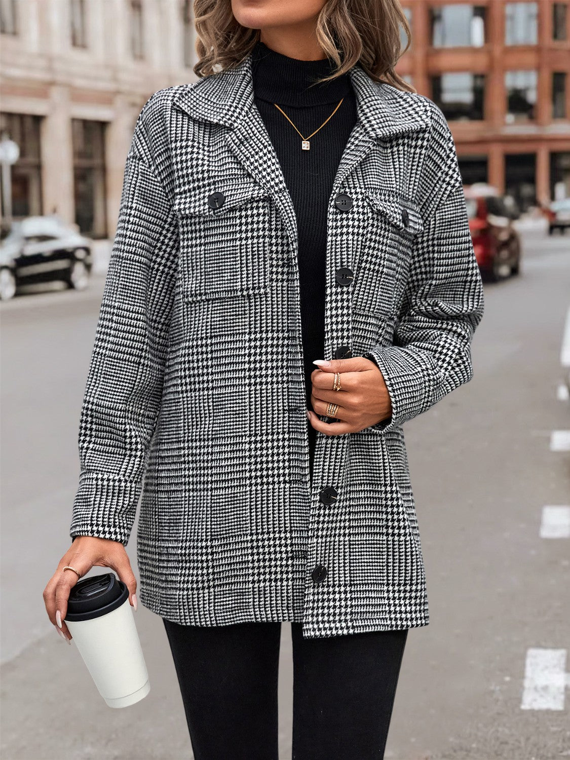 Houndstooth Drop Shoulder Collared Jacket - AllIn Computer