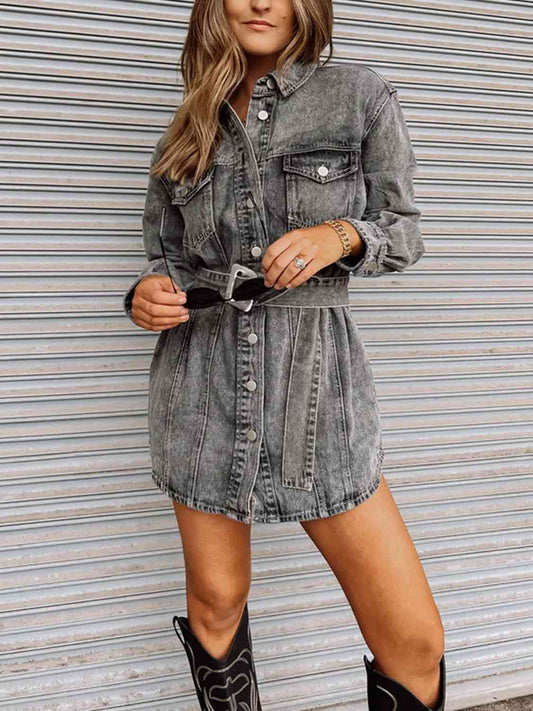 Long Sleeve Collared Denim Dress - AllIn Computer