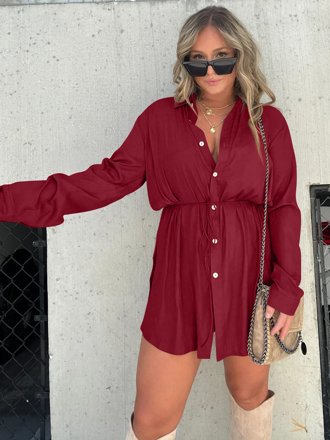 Button Up Long Sleeve Slit Shirt and Shorts Set - AllIn Computer