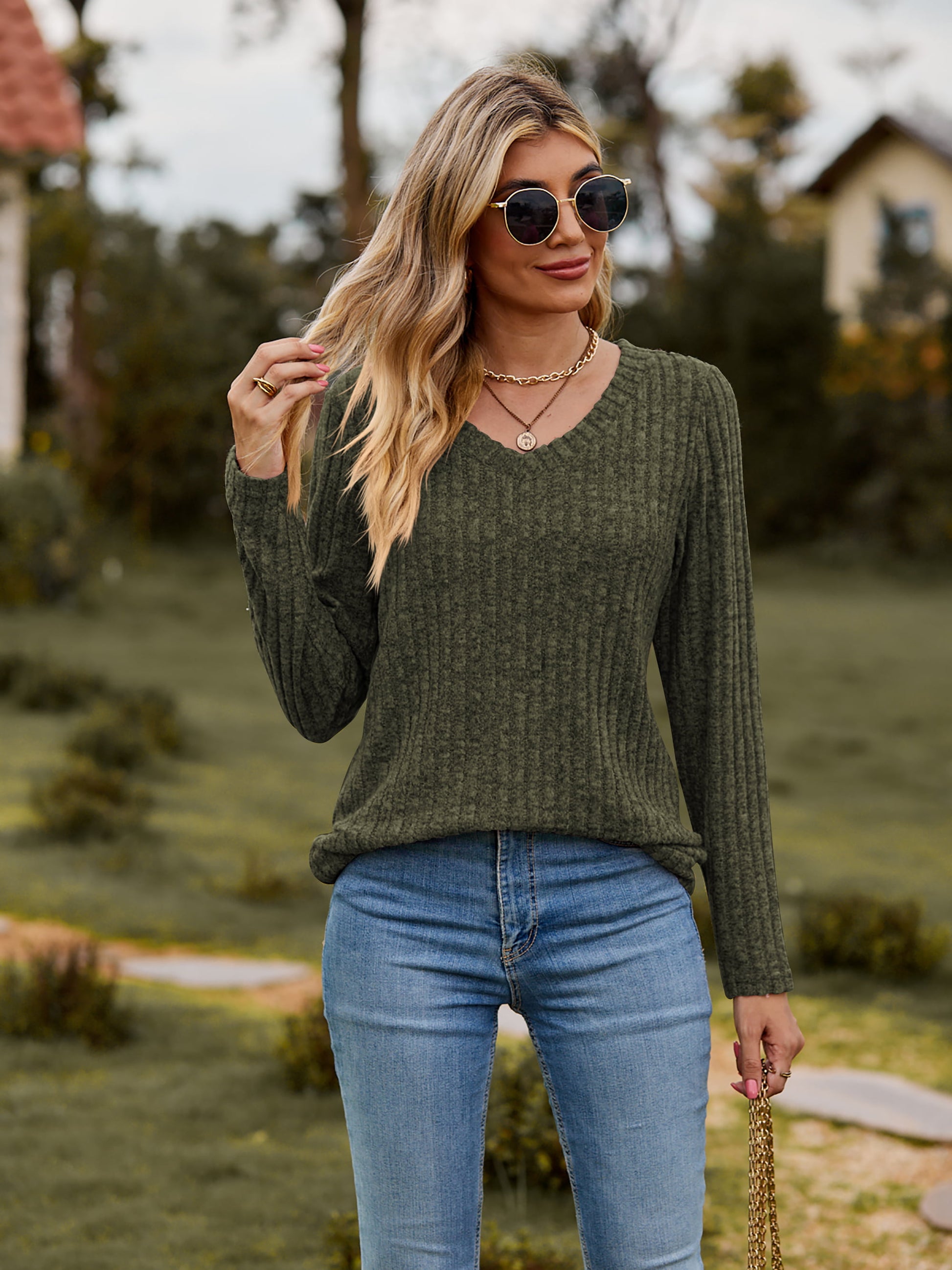 Ribbed V-Neck Long Sleeve Tee | CLOTHING,SHOES & ACCESSORIES | Lamy, plus size, Ship From Overseas, Shipping Delay 09/29/2023 - 10/02/2023, shirts, Shirts & Tops, t-shirts, tshirts, Women's Apparel, women's clothing, women's fashion | Trendsi