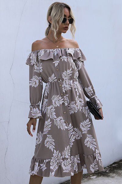 Ruffled Printed Off-Shoulder Midi Dress - AllIn Computer