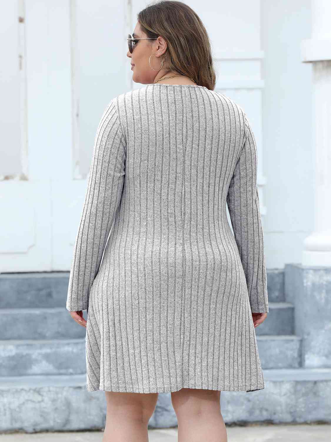 Plus Size Ribbed Buttoned V-Neck Long Sleeve Dress - AllIn Computer
