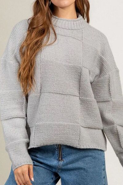 Checkered Texture Long Sleeve Sweater - AllIn Computer