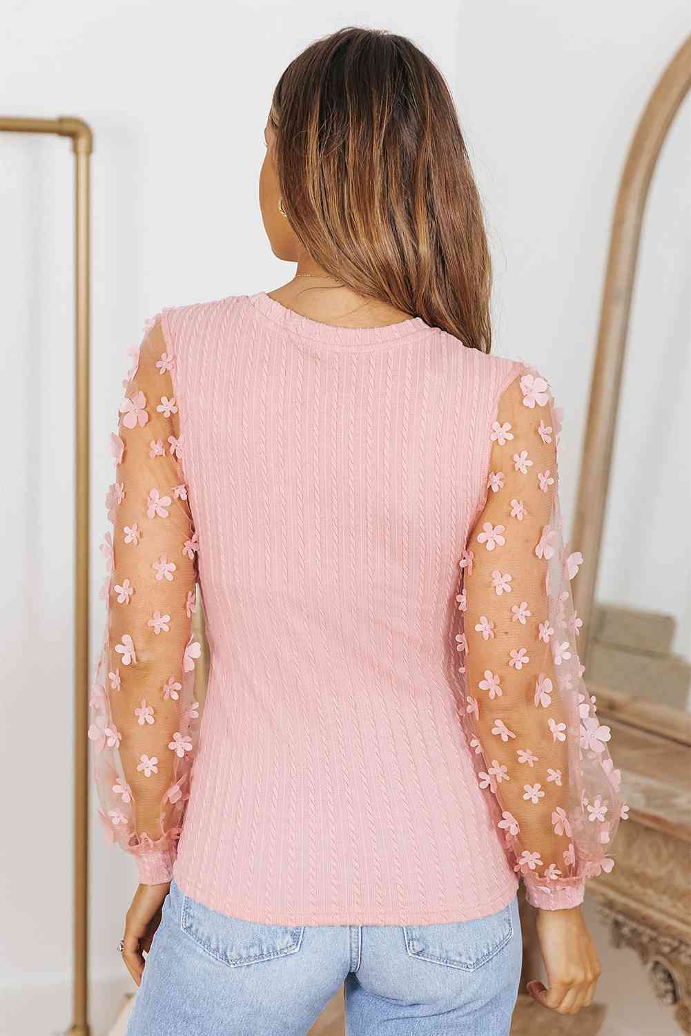 Double Take Textured Applique Long Sleeve Blouse - AllIn Computer