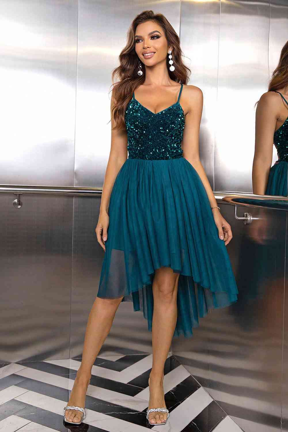 Sequin Spaghetti Strap High-Low Dress - AllIn Computer
