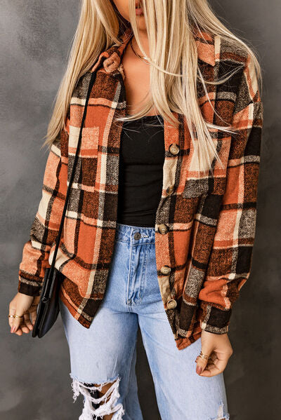Plaid Pocketed Button Up Jacket - AllIn Computer