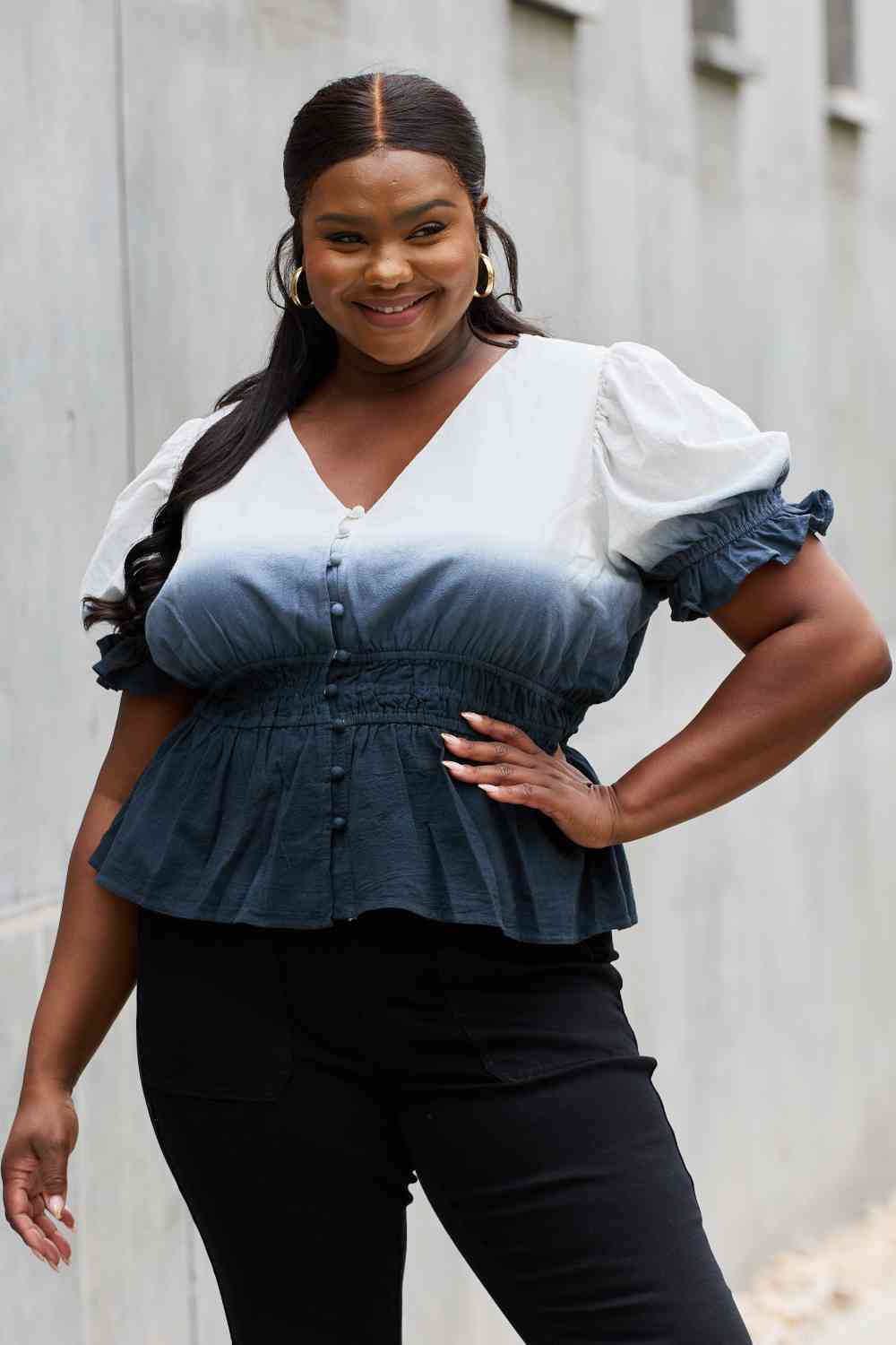 White Birch Full Size Smocked Waist Ombre Woven Top - AllIn Computer