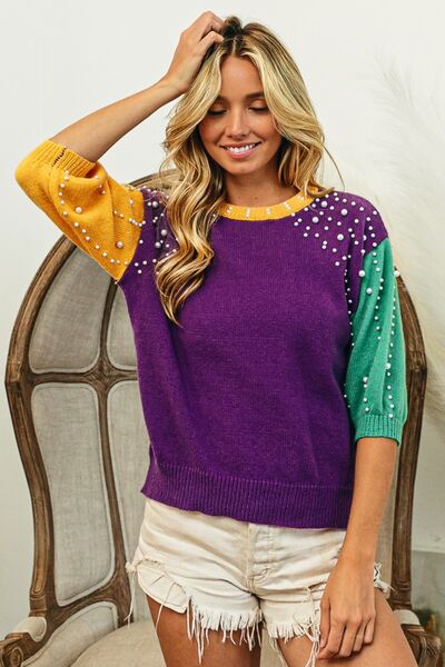 BiBi Color Block Pearl Detail Round Neck Sweater - AllIn Computer