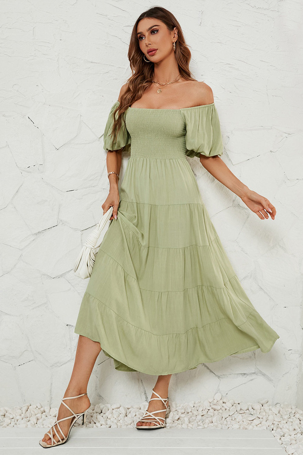 Smocked Square Neck Puff Sleeve Dress - AllIn Computer