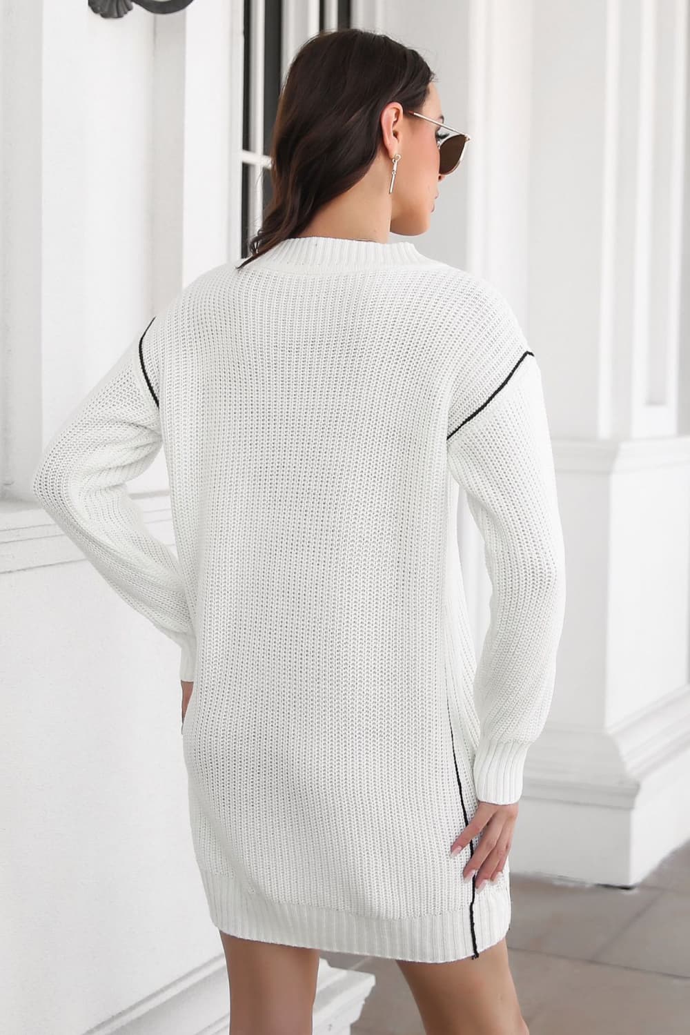 Contrast V-Neck Sweater Dress - AllIn Computer