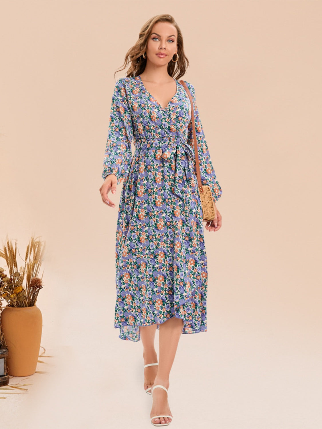 Full Size Printed Surplice Long Sleeve Dress - AllIn Computer