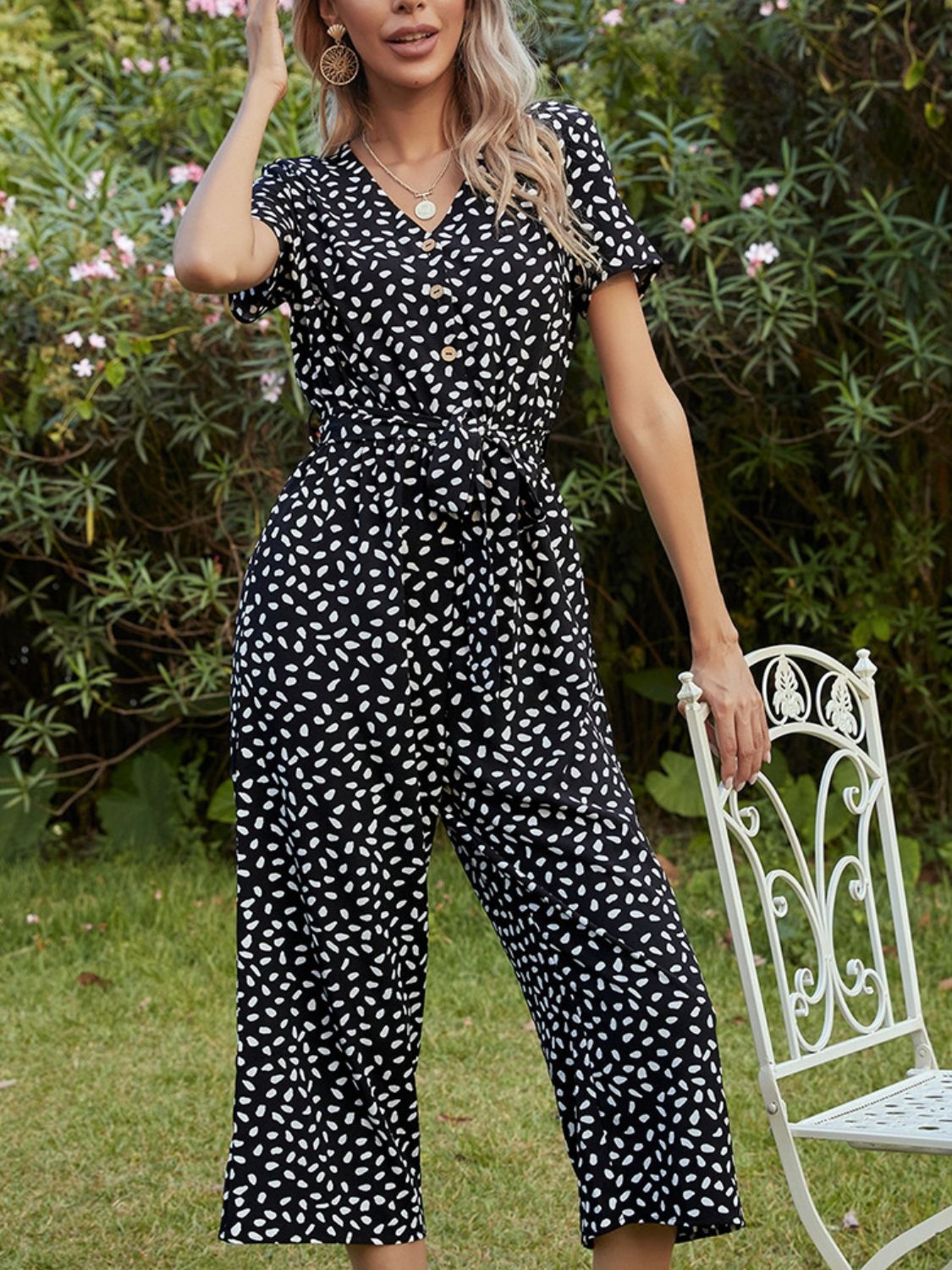 Printed V-Neck Short Sleeve Jumpsuit - AllIn Computer