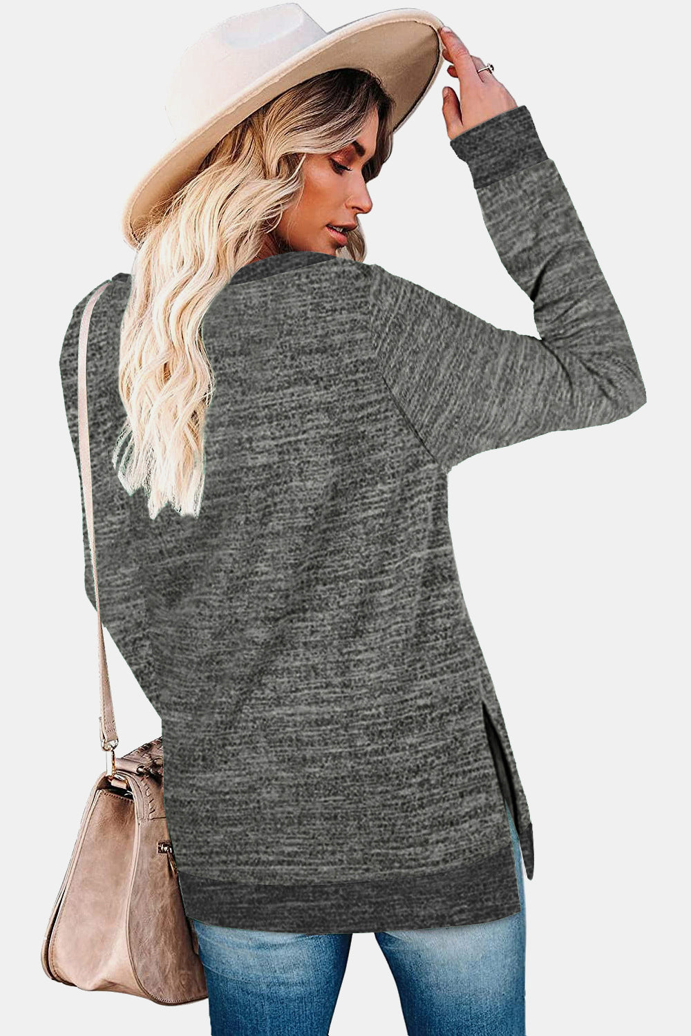Round Neck Long Sleeve Slit T-Shirt - AllIn Computer