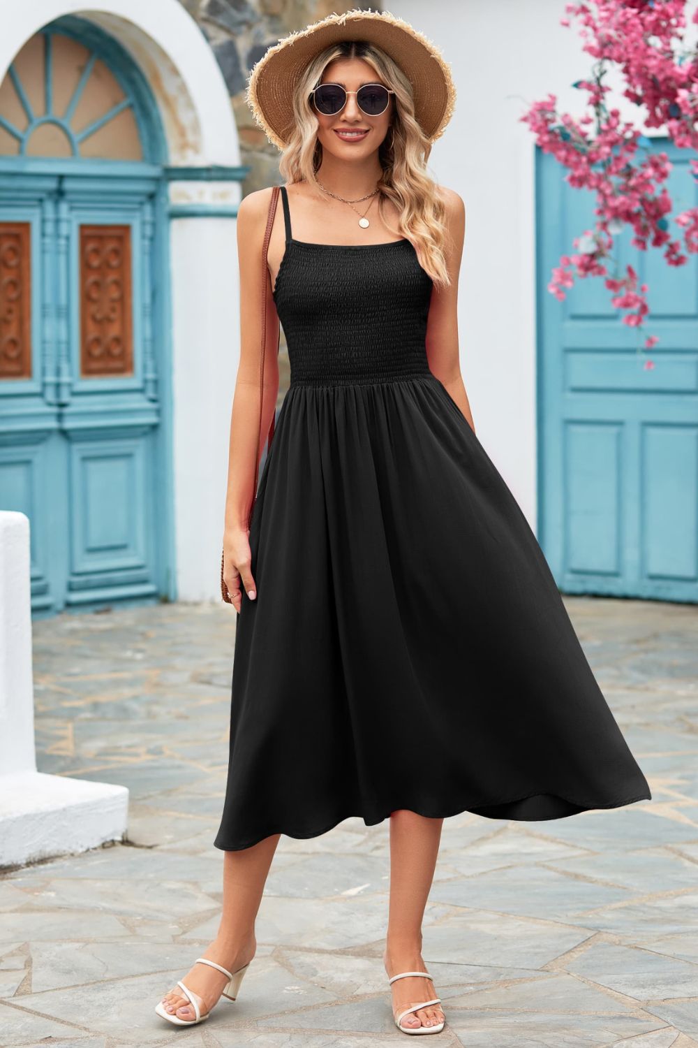 Smocked Spaghetti Strap Midi Dress - AllIn Computer