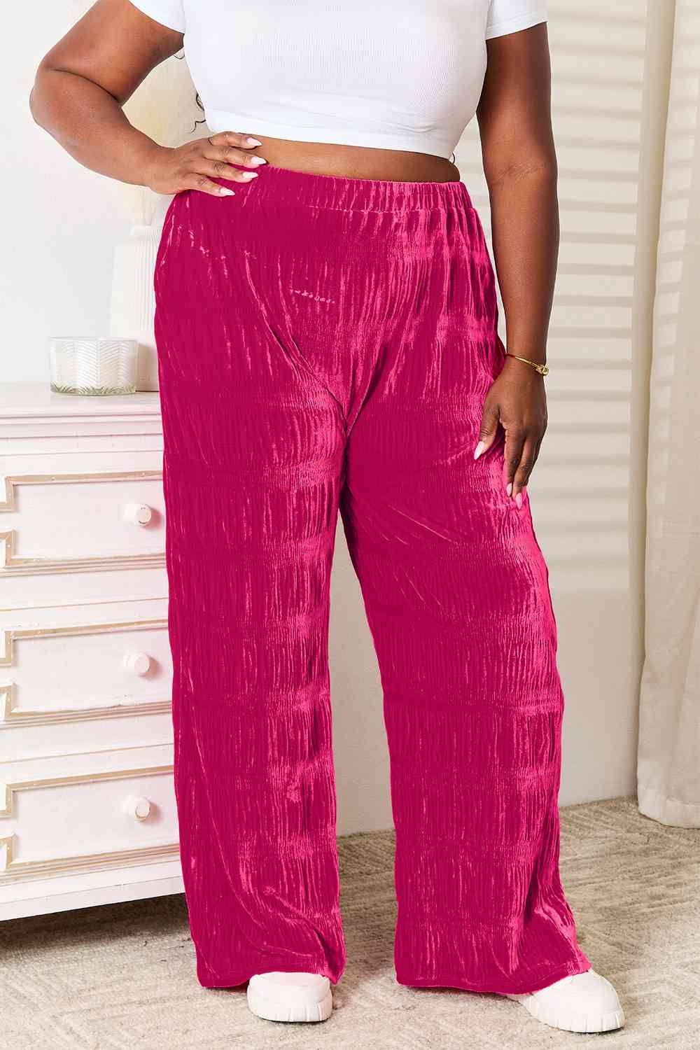 Double Take Full Size High Waist Tiered Shirring Velvet Wide Leg Pants - AllIn Computer