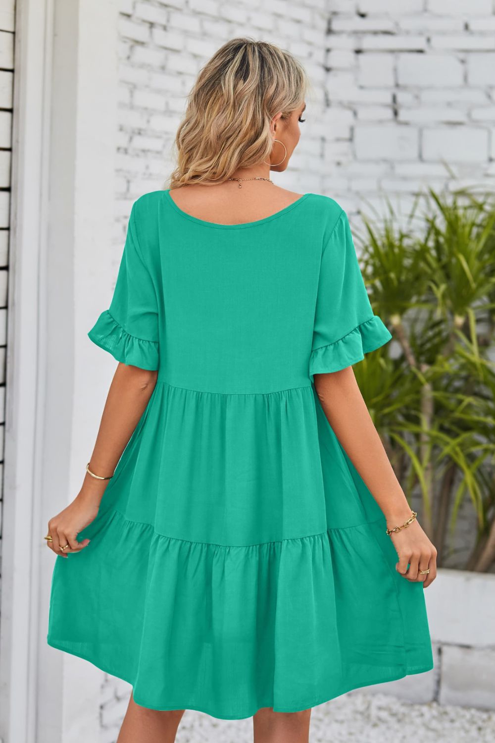 V-Neck Flounce Sleeve Tiered Dress - AllIn Computer