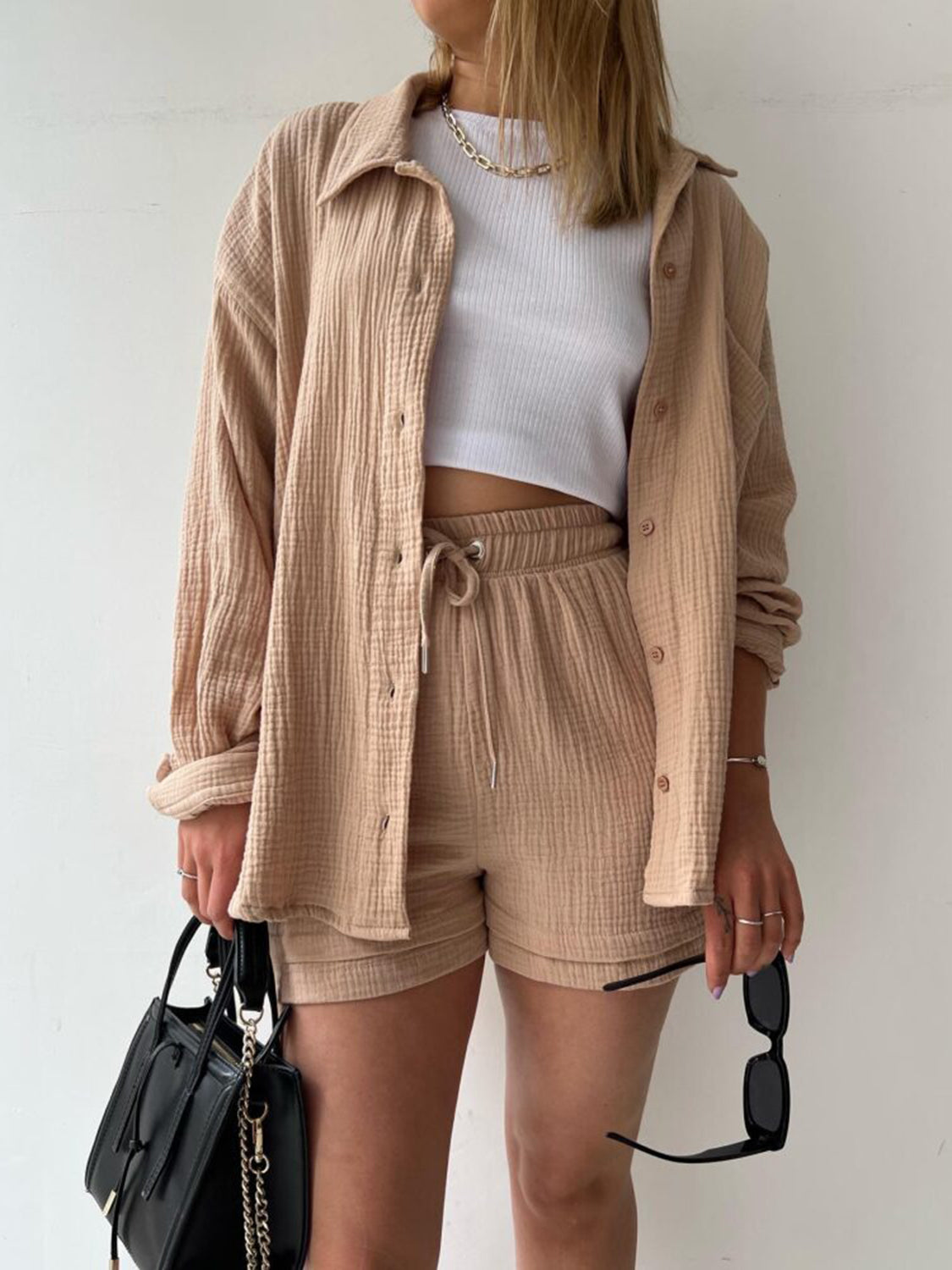 Texture Button Up Shirt and Drawstring Shorts Set - AllIn Computer