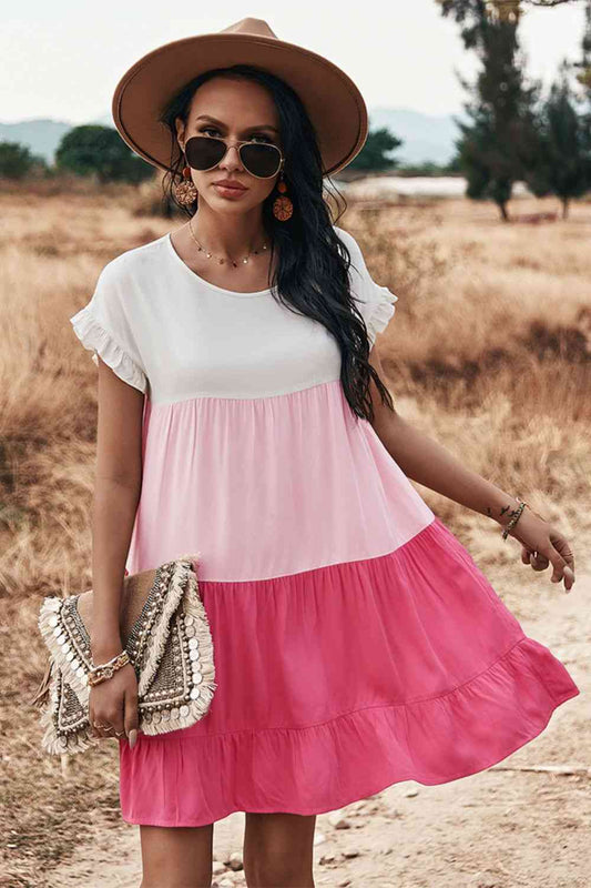 Color Block Round Neck Tiered Dress - AllIn Computer