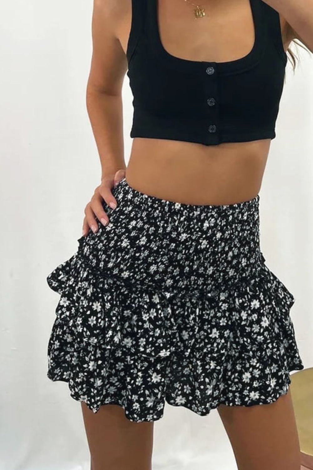 Printed Frill Trim Smocked Mini Skirt - AllIn Computer